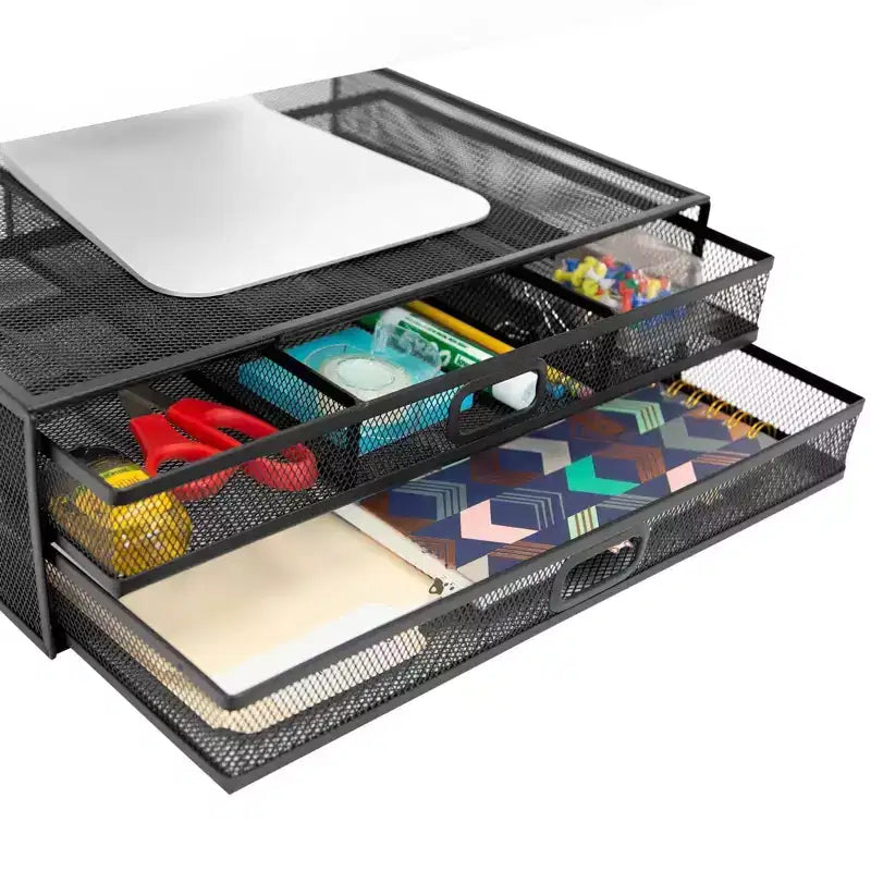 Supporto per monitor per computer con cassetti, rialzo in rete metallica e organizer per laptop e computer, organizer da scrivania con due cassetti estraibili
